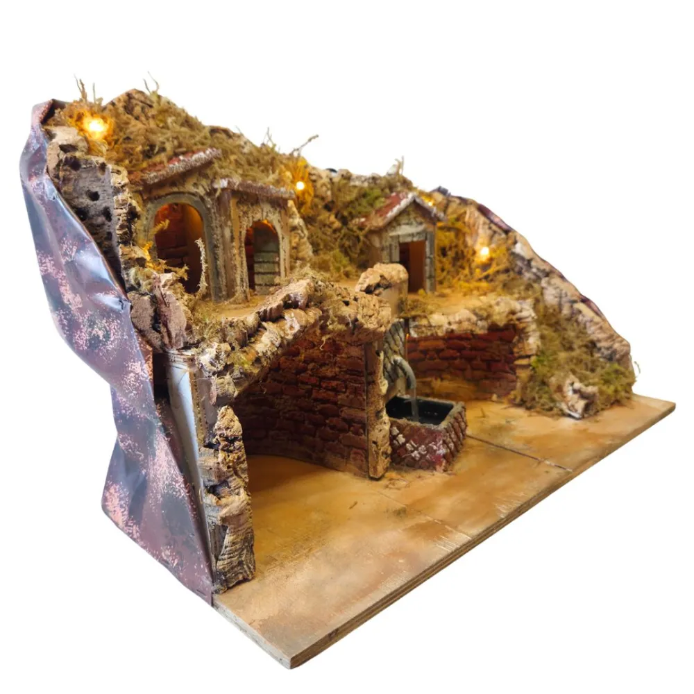 Wood and Cork Village with Fountain and Lighting for 8–10 cm Nativity Figures