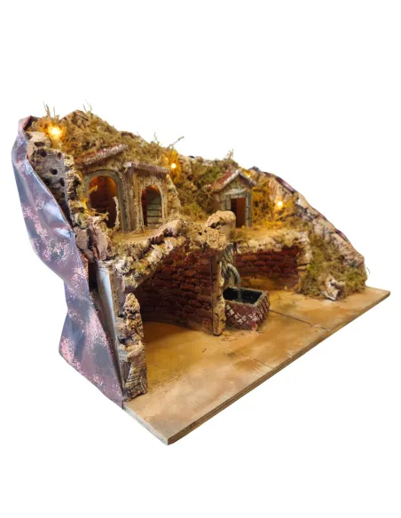 Borgo in legno e sughero con fontana e illuminazione per statue da 8-10 cm