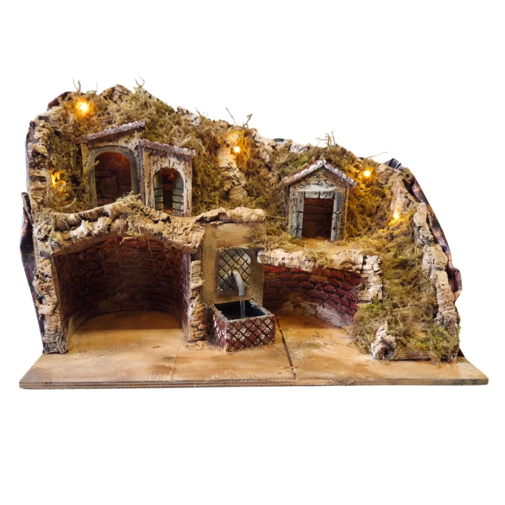 Borgo in legno e sughero con fontana e illuminazione per statue da 8-10 cm