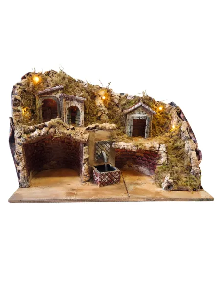 Borgo in legno e sughero con fontana e illuminazione per statue da 8-10 cm