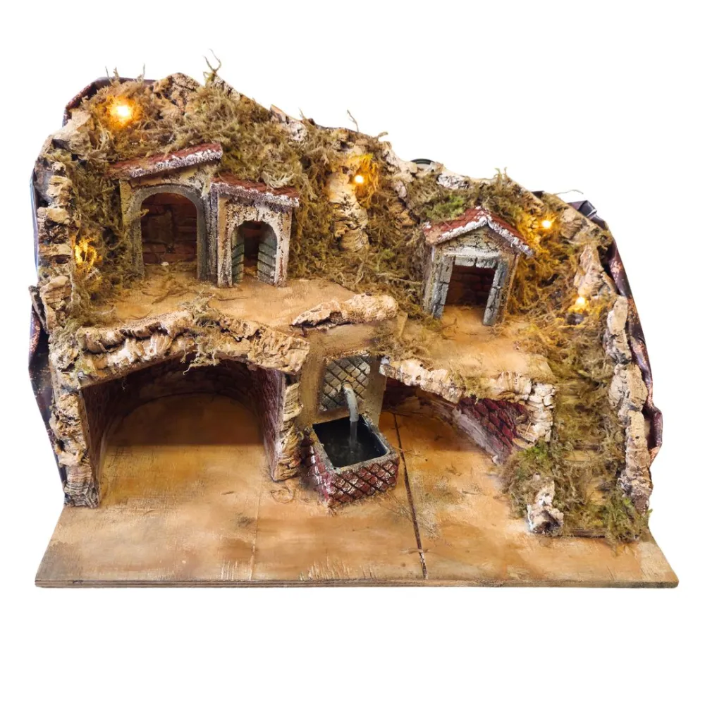 Wood and Cork Village with Fountain and Lighting for 8–10 cm Nativity Figures