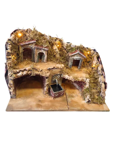 Borgo in legno e sughero con fontana e illuminazione per statue da 8-10 cm