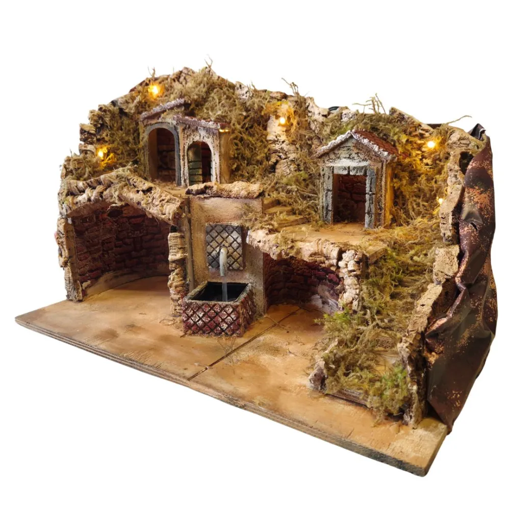 Borgo in legno e sughero con fontana e illuminazione per statue da 8-10 cm
