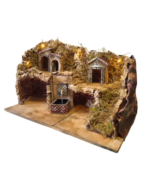 Borgo in legno e sughero con fontana e illuminazione per statue da 8-10 cm