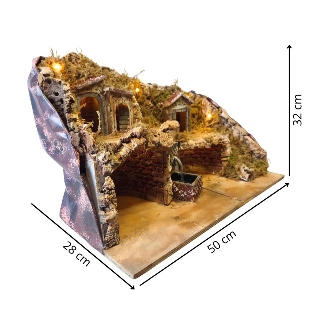 Wood and Cork Village with Fountain and Lighting for 8–10 cm Nativity Figures