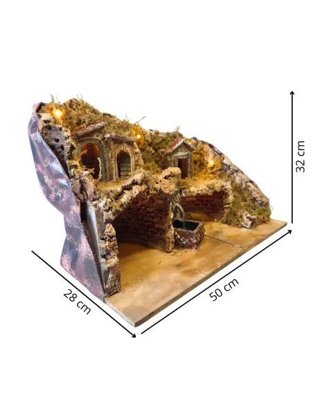 Borgo in legno e sughero con fontana e illuminazione per statue da 8-10 cm