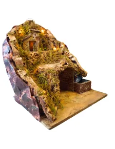 Borgo in legno e sughero con ruscello e illuminazione per statue da 8-10 cm 2