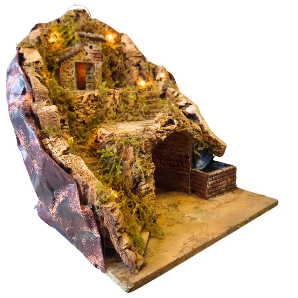 Wood and Cork Village with Stream and Lighting for 8–10 cm Nativity Figures