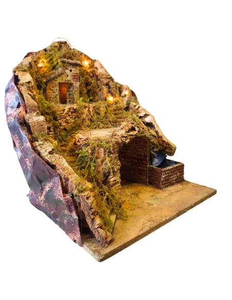 Borgo in legno e sughero con ruscello e illuminazione per statue da 8-10 cm