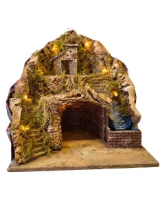 Wood and Cork Village with Stream and Lighting for 8–10 cm Nativity Figures