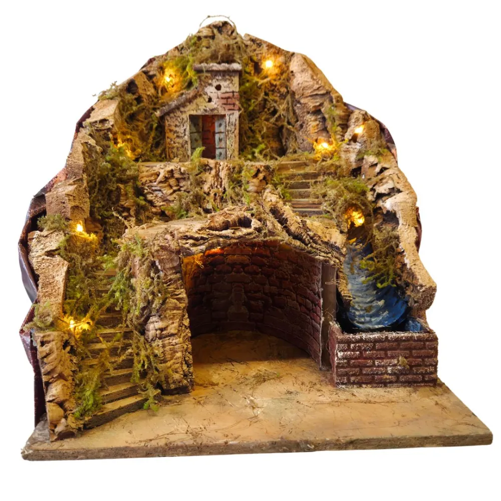 Borgo in legno e sughero con ruscello e illuminazione per statue da 8-10 cm