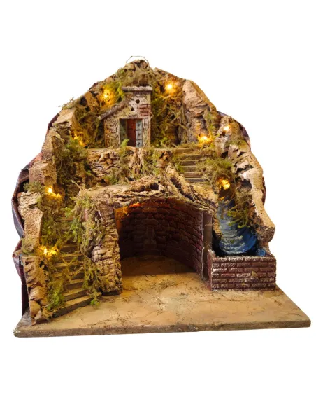 Borgo in legno e sughero con ruscello e illuminazione per statue da 8-10 cm