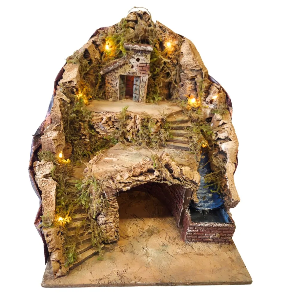 Borgo in legno e sughero con ruscello e illuminazione per statue da 8-10 cm