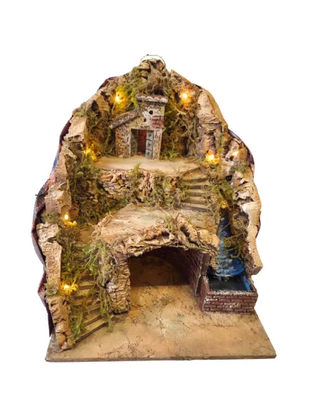 Wood and Cork Village with Stream and Lighting for 8–10 cm Nativity Figures
