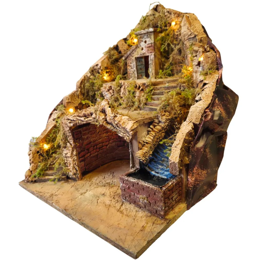 Borgo in legno e sughero con ruscello e illuminazione per statue da 8-10 cm