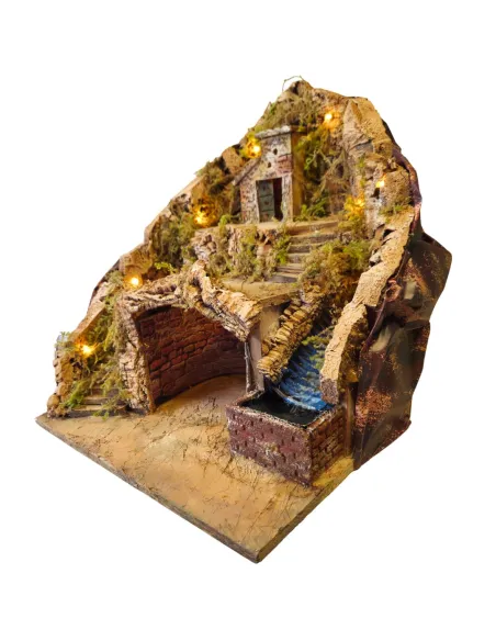 Borgo in legno e sughero con ruscello e illuminazione per statue da 8-10 cm