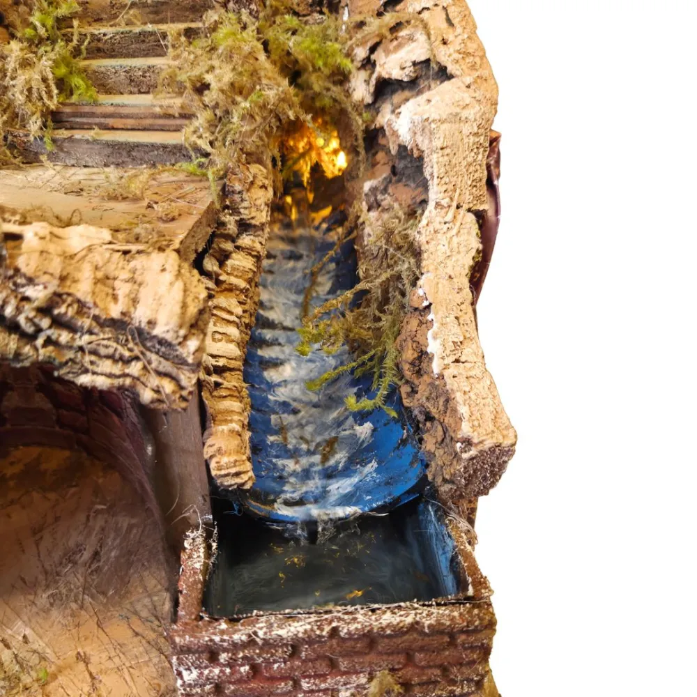 Borgo in legno e sughero con ruscello e illuminazione per statue da 8-10 cm