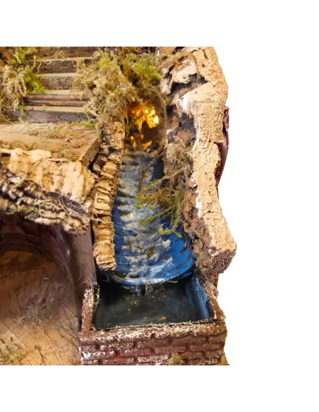 Borgo in legno e sughero con ruscello e illuminazione per statue da 8-10 cm