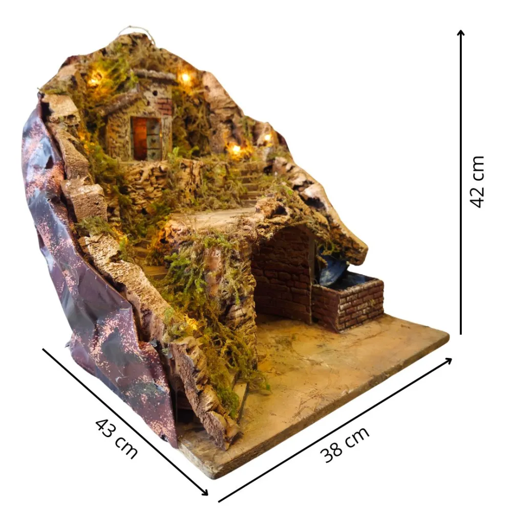 Wood and Cork Village with Stream and Lighting for 8–10 cm Nativity Figures