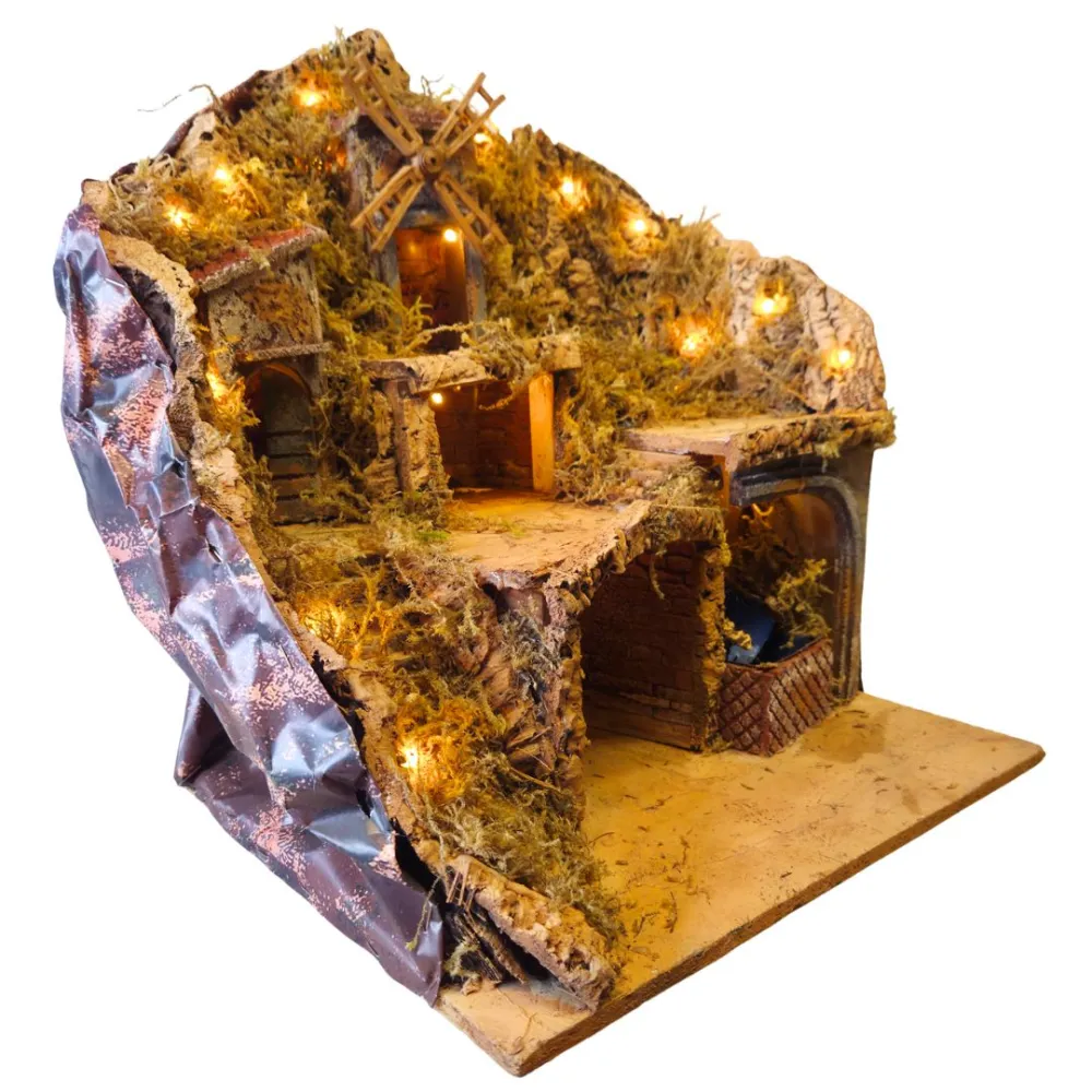 Borgo in legno e sughero con mulino e ruscello funzionanti per statue da 10-12 cm