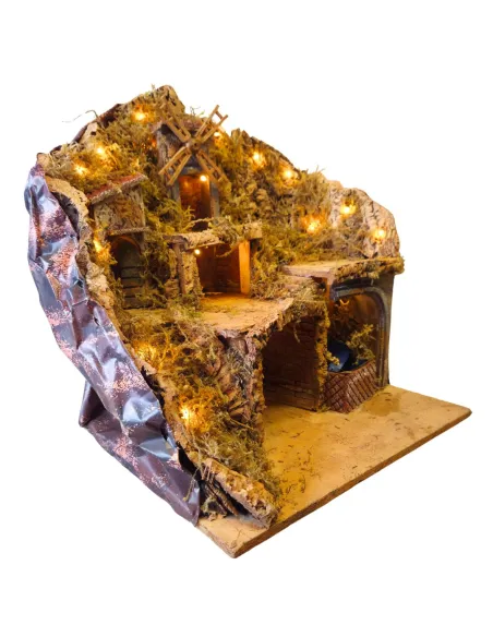 Wood and Cork Village with Working Windmill, Stream and Lighting for 10–12 cm Nativity Figures