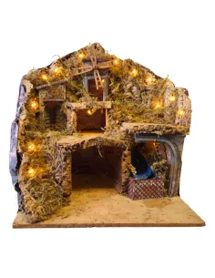 Wood and Cork Village with Working Windmill, Stream and Lighting for 10–12 cm Nativity Figures
