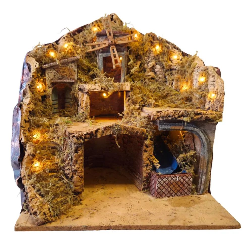 Wood and Cork Village with Working Windmill, Stream and Lighting for 10–12 cm Nativity Figures