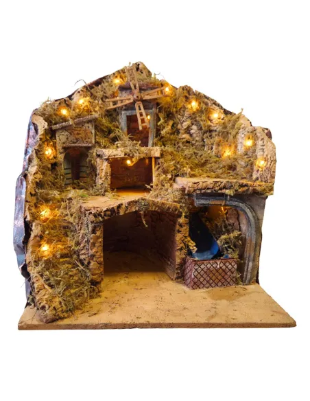 Borgo in legno e sughero con mulino e ruscello funzionanti per statue da 10-12 cm