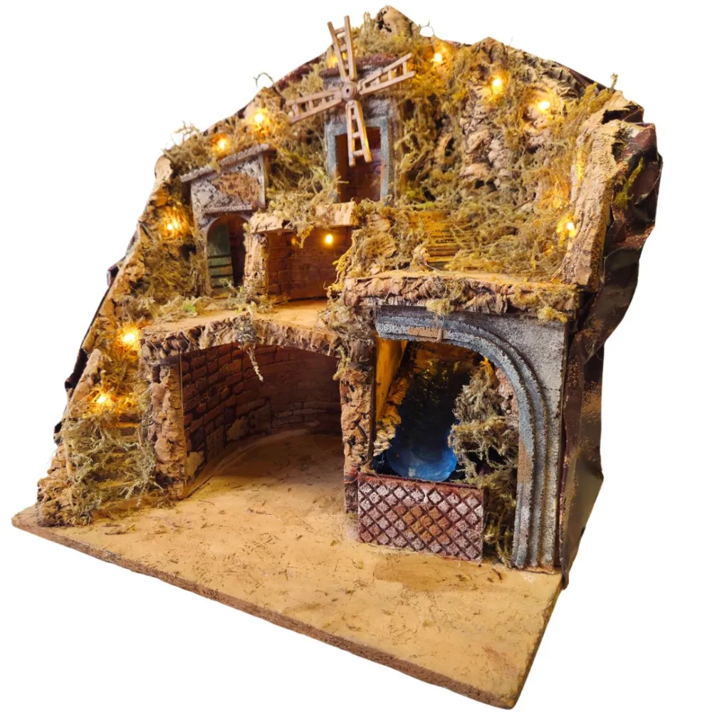 Borgo in legno e sughero con mulino e ruscello funzionanti per statue da 10-12 cm
