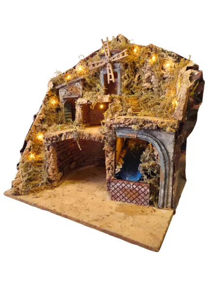 Borgo in legno e sughero con mulino e ruscello funzionanti per statue da 10-12 cm