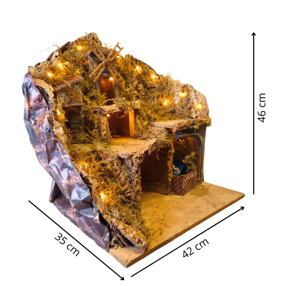 Borgo in legno e sughero con mulino e ruscello funzionanti per statue da 10-12 cm
