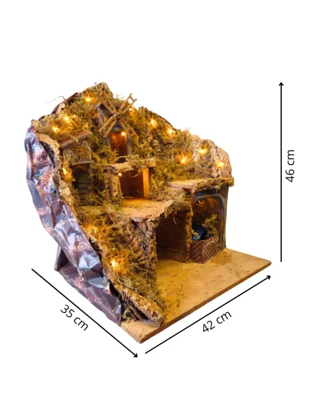 Borgo in legno e sughero con mulino e ruscello funzionanti per statue da 10-12 cm