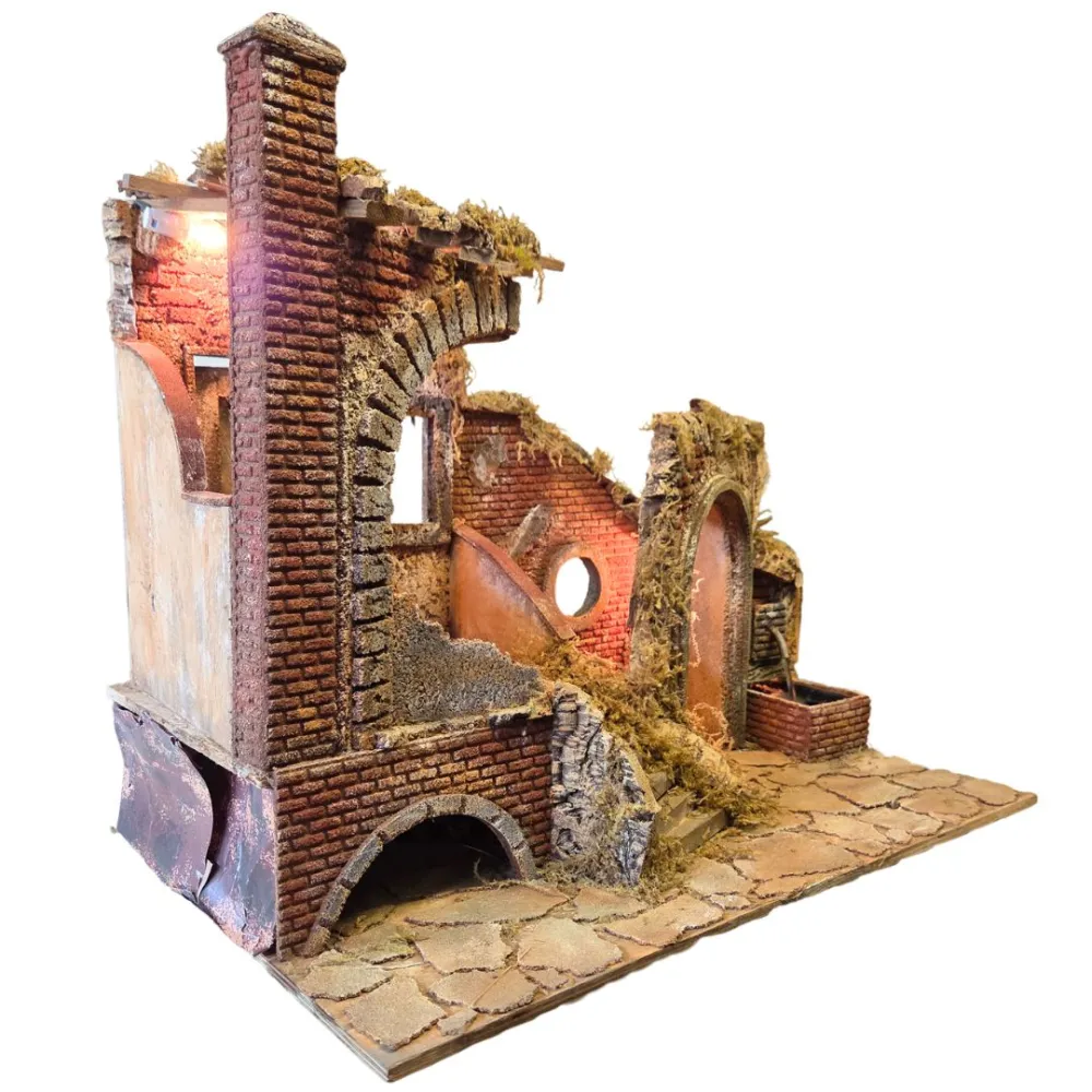 Rudere in stile napoletano con fontana e illuminazione per statue da 15-20 cm