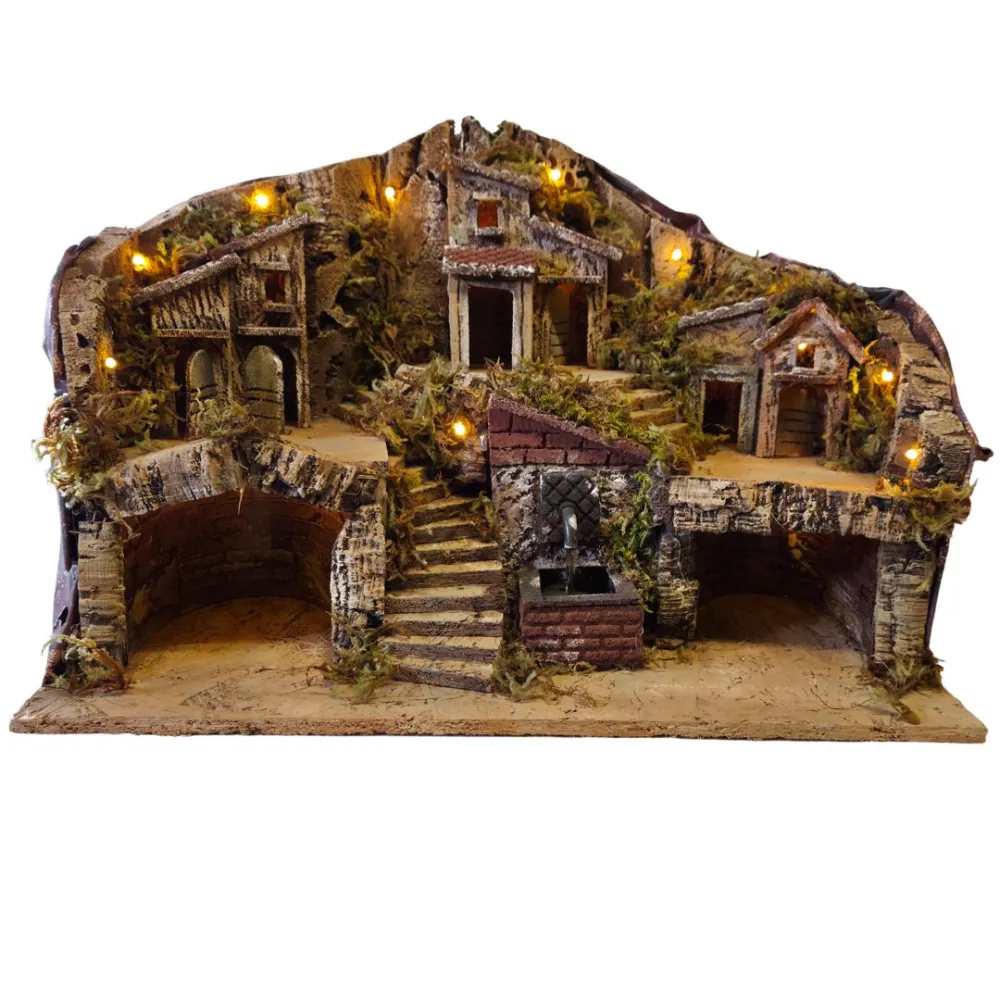 Wood and Cork Village with Fountain and Lighting for 8 cm Nativity Figures
