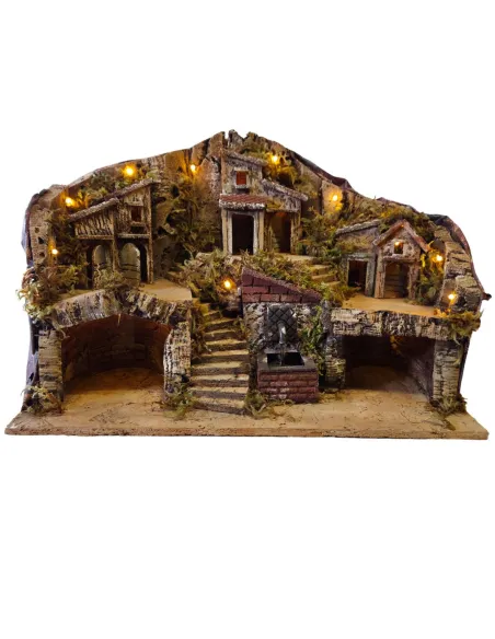 Borgo in legno e sughero con fontana, grotta e illuminazione per statue da 8 cm