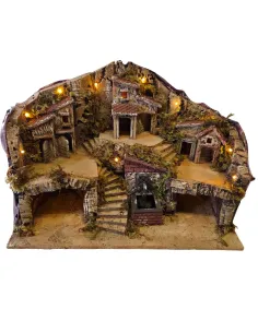 Wood and Cork Village with Fountain and Lighting for 8 cm Nativity Figures