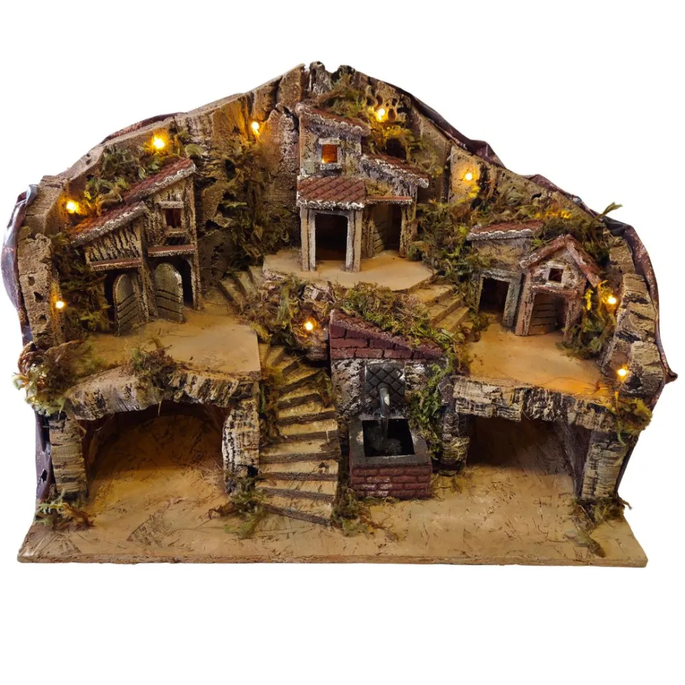 Wood and Cork Village with Fountain and Lighting for 8 cm Nativity Figures