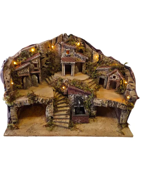 Borgo in legno e sughero con fontana, grotta e illuminazione per statue da 8 cm