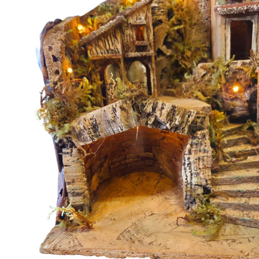 Wood and Cork Village with Fountain and Lighting for 8 cm Nativity Figures