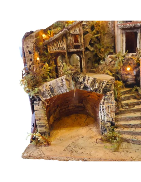 Borgo in legno e sughero con fontana, grotta e illuminazione per statue da 8 cm