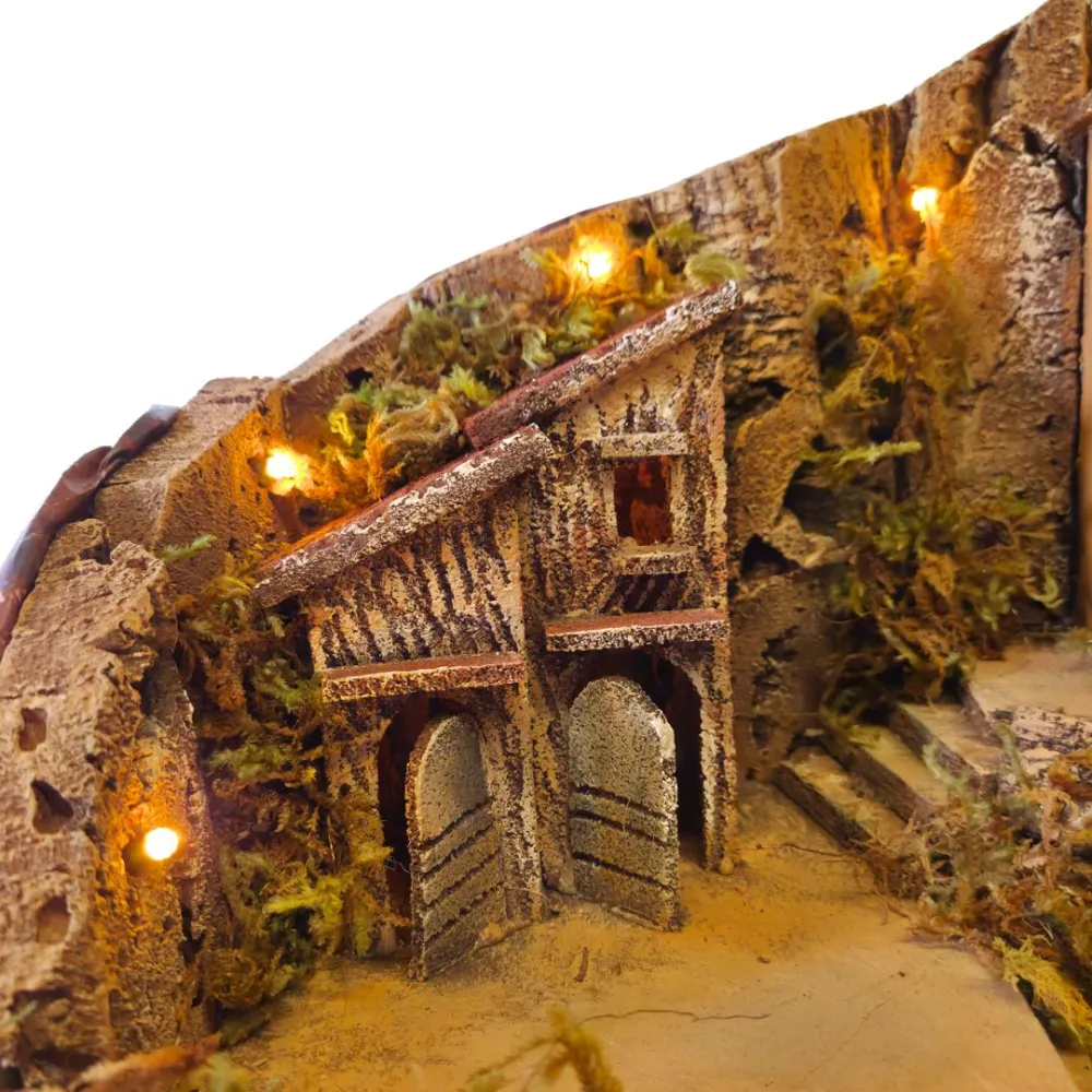 Wood and Cork Village with Fountain and Lighting for 8 cm Nativity Figures