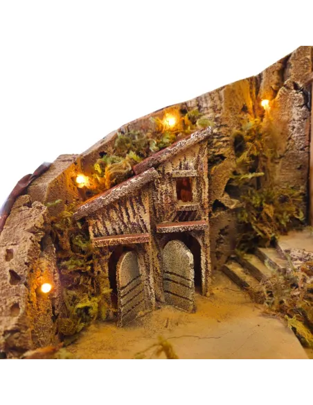 Borgo in legno e sughero con fontana, grotta e illuminazione per statue da 8 cm