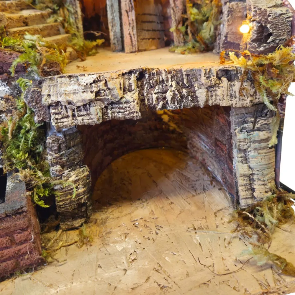 Wood and Cork Village with Fountain and Lighting for 8 cm Nativity Figures