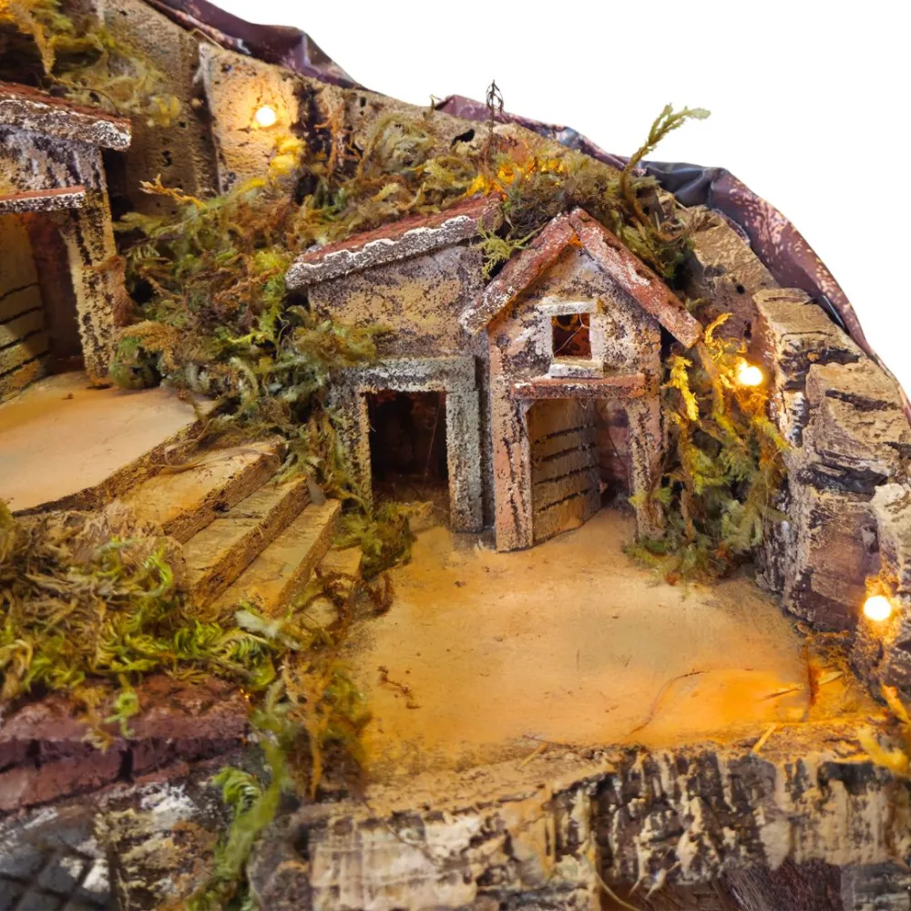 Wood and Cork Village with Fountain and Lighting for 8 cm Nativity Figures