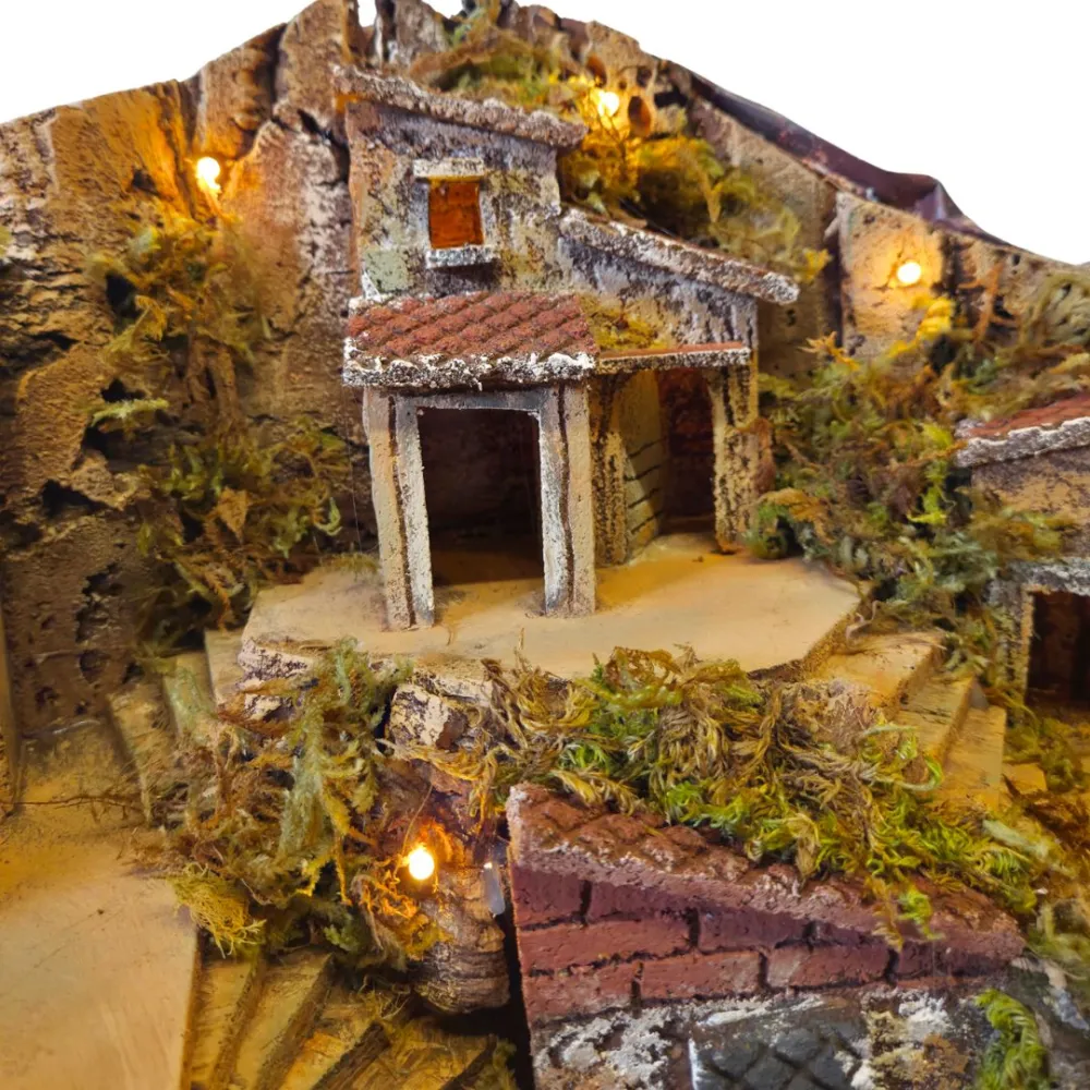 Wood and Cork Village with Fountain and Lighting for 8 cm Nativity Figures