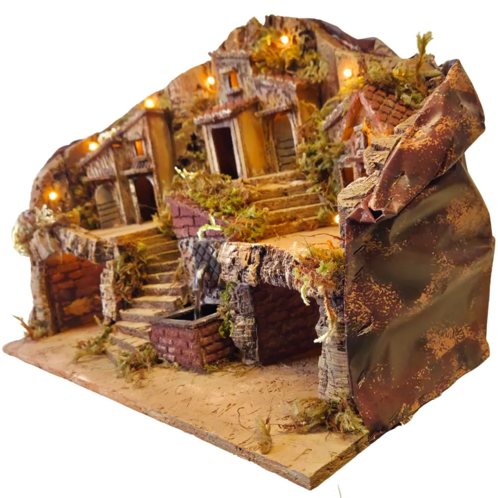 Wood and Cork Village with Fountain and Lighting for 8 cm Nativity Figures
