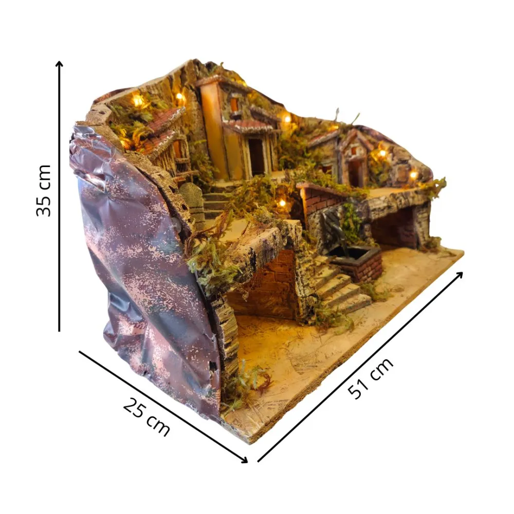 Borgo in legno e sughero con fontana, grotta e illuminazione per statue da 8 cm