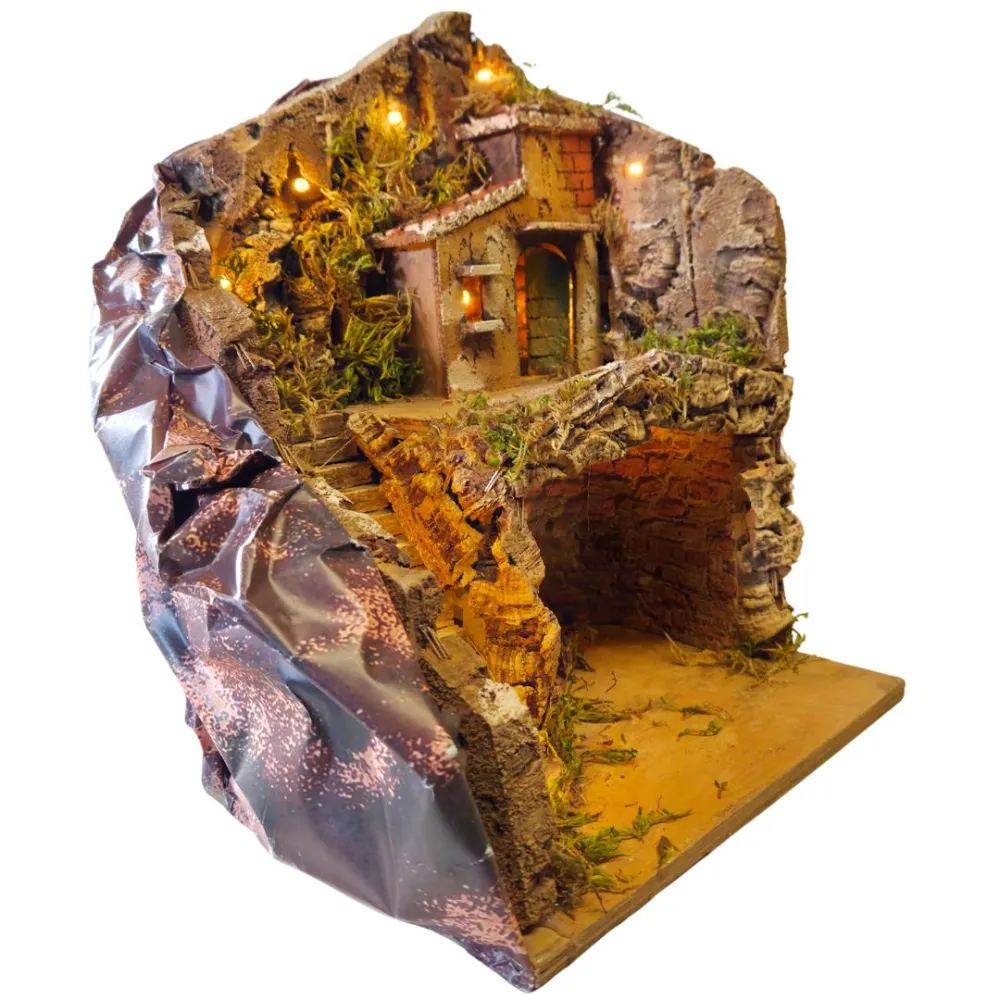 Borgo in legno e sughero con grotta e illuminazione per statue da 8-10 cm