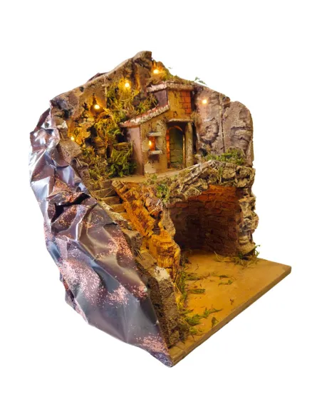 Borgo in legno e sughero con grotta e illuminazione per statue da 8-10 cm