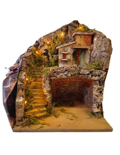 Wood and Cork Village with Staircase and Lighting for 8–10 cm Nativity Figures